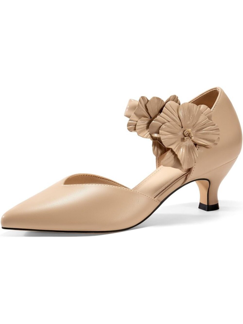 Women's Khaki Low Kitten Heel Comfortable Closed Toe Flower Slip On Shoes